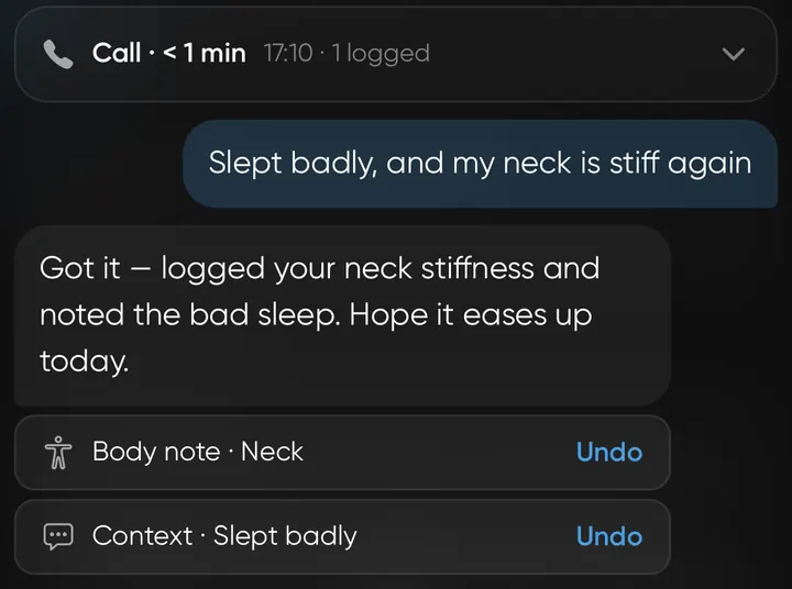 IRVO's chat: a call under a minute long, then you write “Slept badly, and my neck is stiff again” and IRVO replies “Got it — logged your neck stiffness and noted the bad sleep. Hope it eases up today.”, with a body note for the neck and a context note for the bad sleep, each with an Undo button.