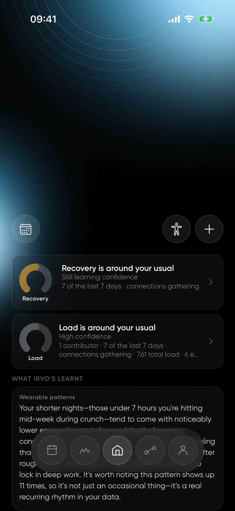 IRVO's Home screen: Recovery is around your usual and Load is around your usual, each as a ring compared with your own normal, above What IRVO's learnt.