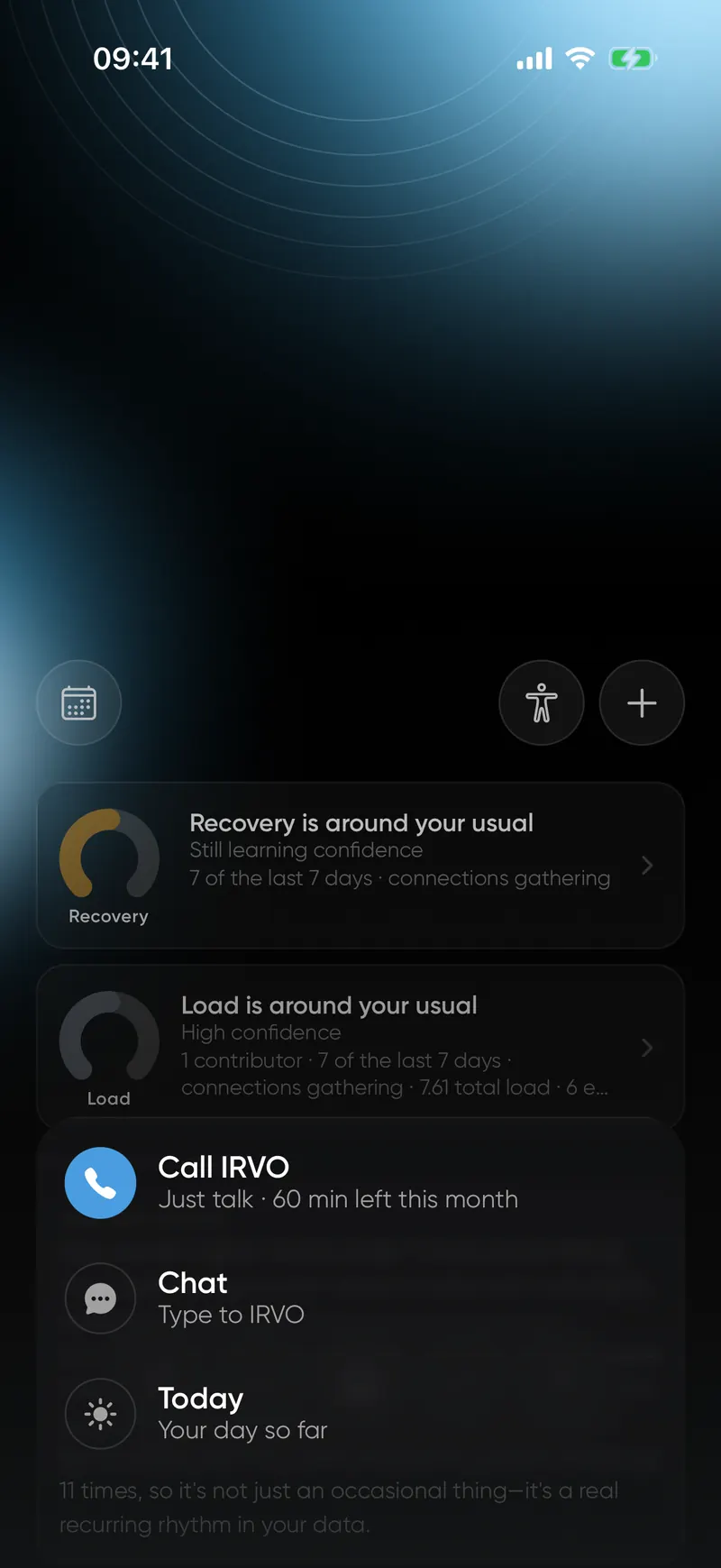 The orb menu in IRVO with three choices: Call IRVO, Chat, and Today.