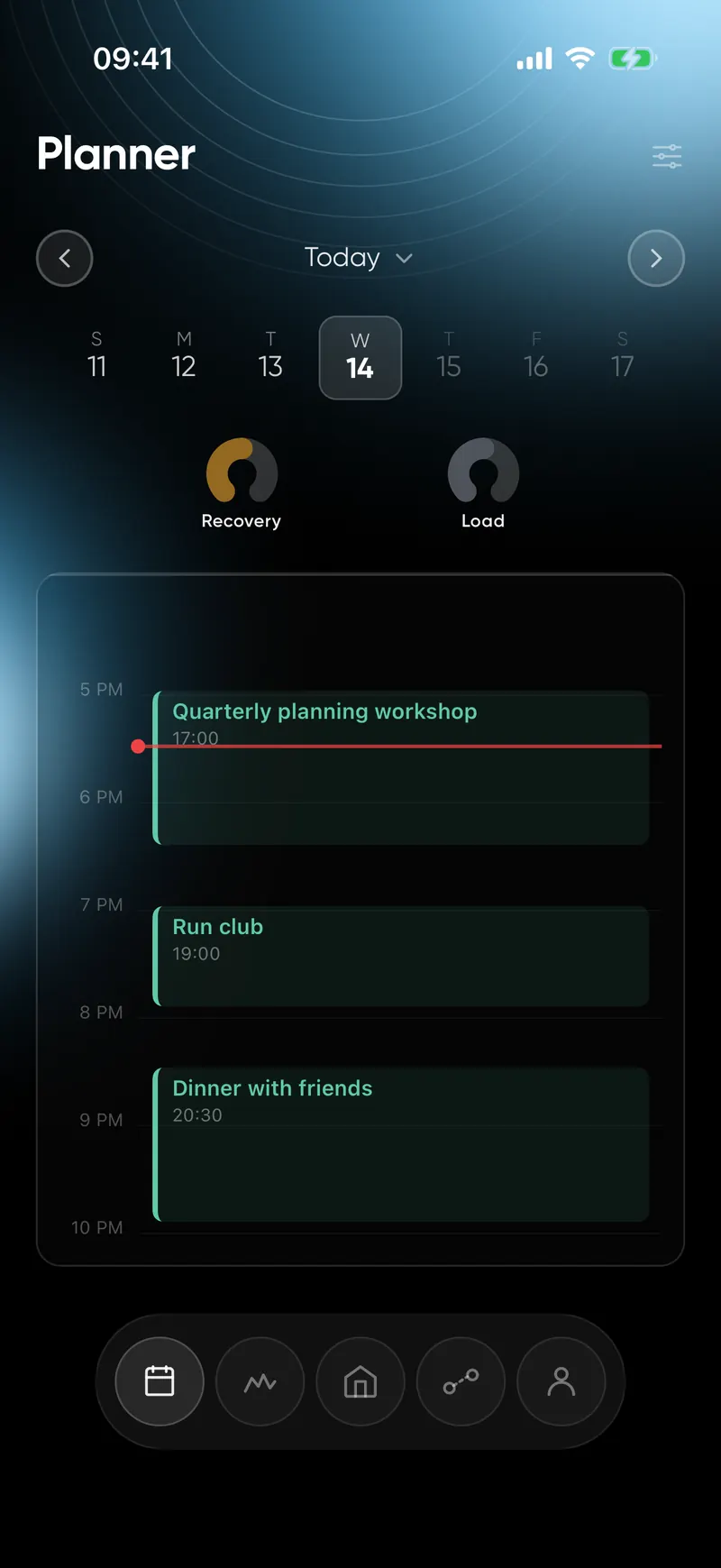 The Planner: today's Recovery and Load rings above an hour-by-hour timeline with a quarterly planning workshop, run club and dinner with friends.